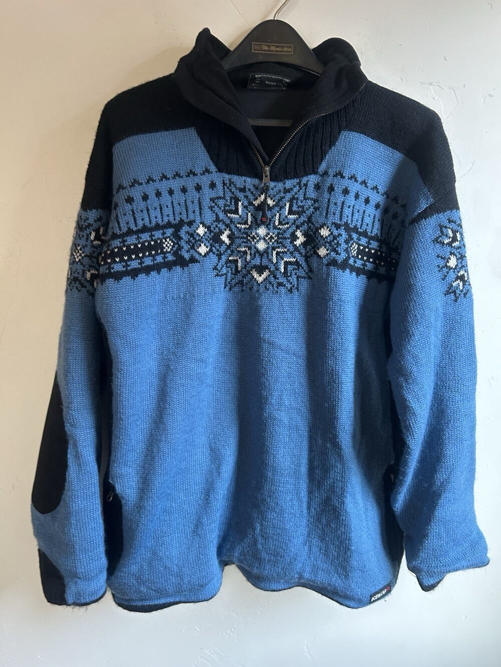 Icewear Nordic Fair Isle Sweater Mens L Blue Black Wool Quarter Zip Apres Ski